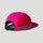 A 5-panel cap shown from a rear three-quarter angle, featuring a bright magenta-pink crown, a darker red front panel, a purple gradient brim, and a black adjustable strap, set against a solid light grey background.