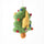 A felt Christmas tree ornament in green with the back side of a yellow cat and colourful pom poms.