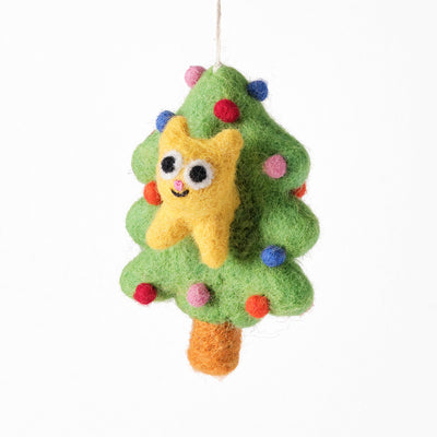 A felt Christmas tree ornament with a yellow cat, decorated with colourful felt pom-poms in red, blue, pink, and orange on a white background.
