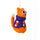 A felt cat ornament in orange with a purple sweater and white accents, hanging by a white string against a plain white background.