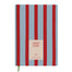 A 2027 daily planner with a light blue and red vertical striped cover, featuring a beige label in the center that reads '2027 DIARY' and a small ribbon bookmark hanging from the bottom.