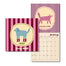A 2027 'Arty Dogs' wall calendar shown in two views: a square front cover and a monthly calendar page. The design features pink and burgundy vertical stripes, a beige oval, and a stylized dog illustration.