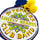 A novelty hot water bottle design of The Beatles, featuring the text 'St. Peppers Lonely Hearts Club Band' in yellow and red on a white background, with a navy blue top and yellow pom-pom ties, isolated on a white background.