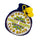 A novelty hot water bottle design of The Beatles, featuring the text 'St. Peppers Lonely Hearts Club Band' in yellow and red on a white background, with a navy blue top and yellow pom-pom ties, isolated on a white background.