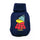 A navy blue knit hot water bottle cover featuring a cartoon character knitted onto the front, wearing a red jacket and a light blue hat, set against a plain white background.