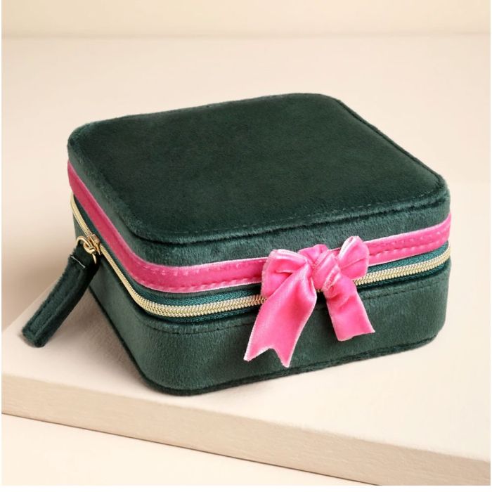 Lisa Angel Green & Pink Velvet Bow Jewellery Case
