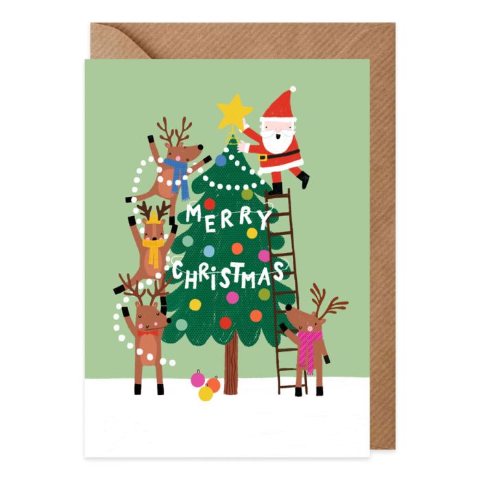 Santa & Reindeer Tree Decorating Christmas Card