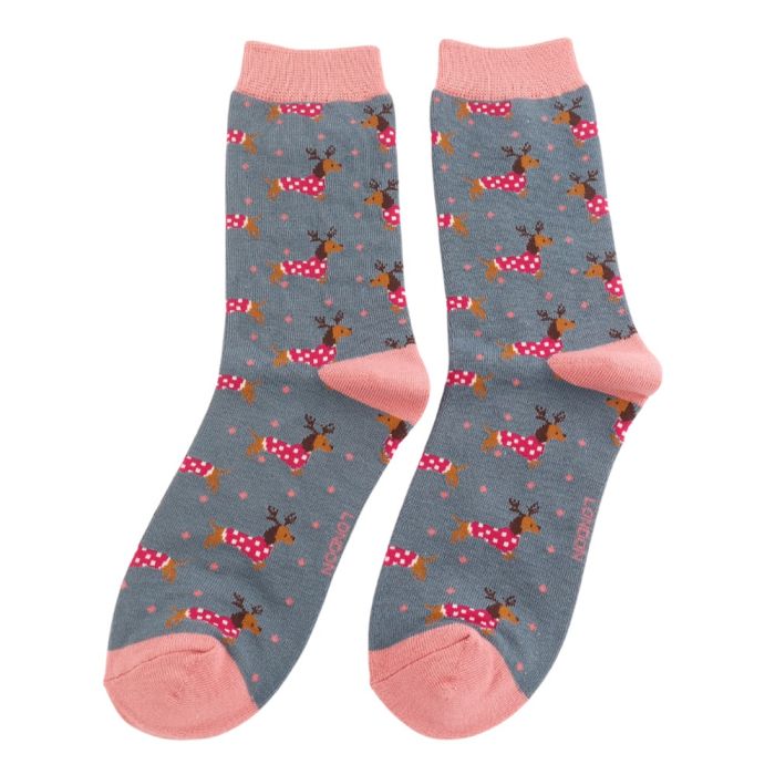 Miss Sparrow Sausage Dogs Denim Christmas Socks