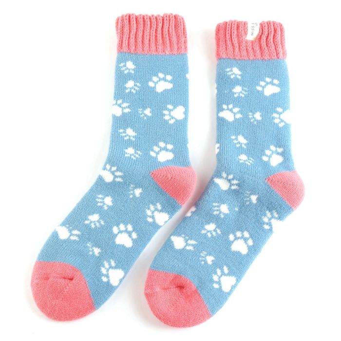 Miss Sparrow Thick Winter Socks Paw Prints Light Blue