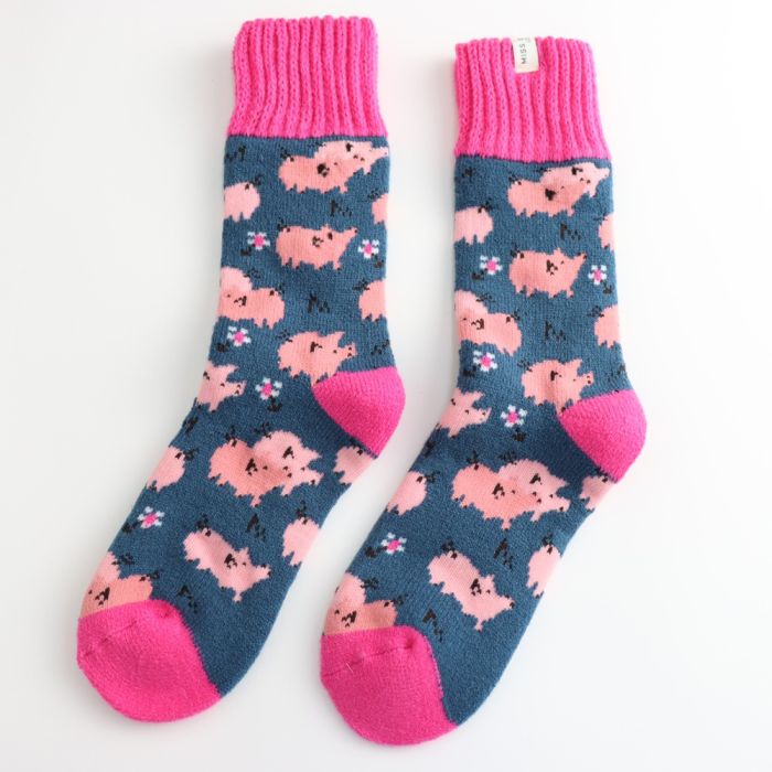 Miss Sparrow Thick Winter Socks Pretty Pigs Navy