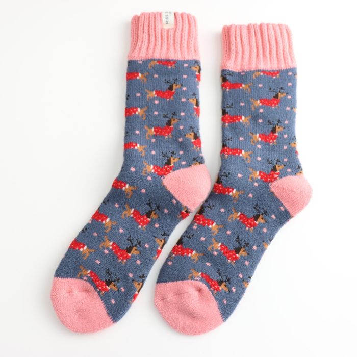Miss Sparrow Thick Winter Socks Christmas Sausage Dogs Blue