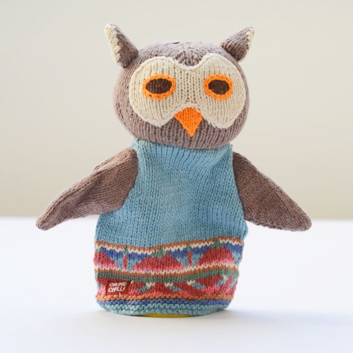 ChunkiChilli Owl Blue Vest Knitted Hand Puppet