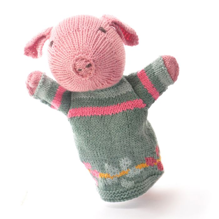 ChunkiChilli Pig Green Dress Knitted Hand Puppet