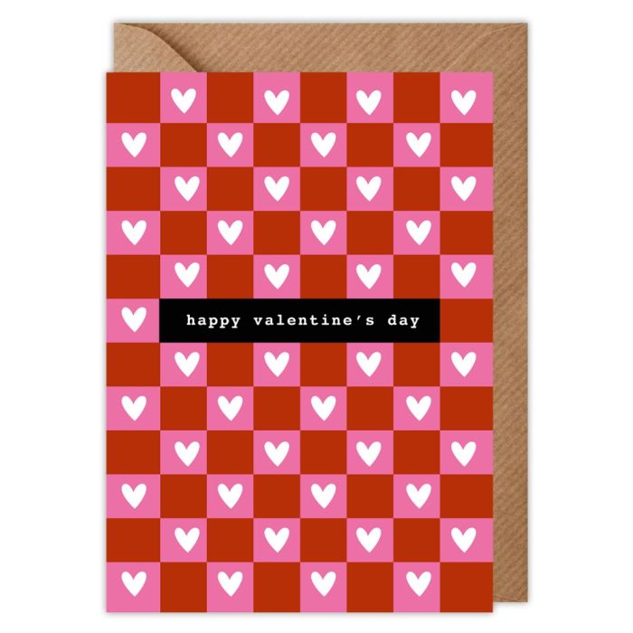 Pink & Red Heart Checkered Valentines Card