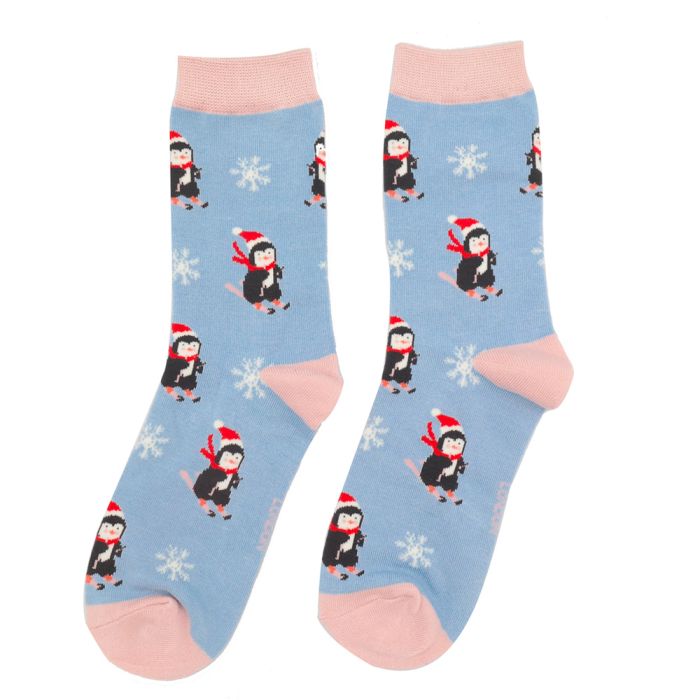 Miss Sparrow Skiing Penguins Powder Blue Christmas Socks
