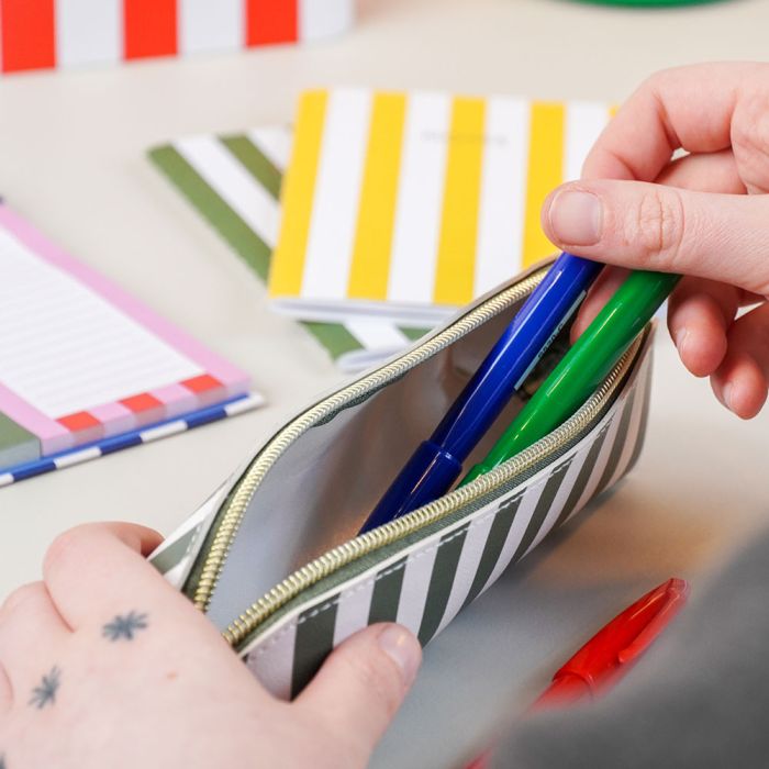 Green Stripes Faux Leather Pencil Case 