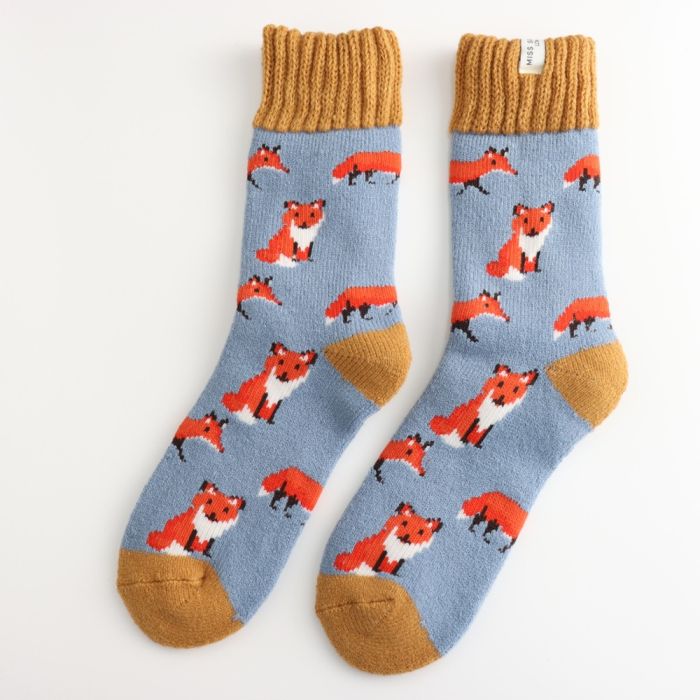 Miss Sparrow Thick Winter Socks Foxes Blue