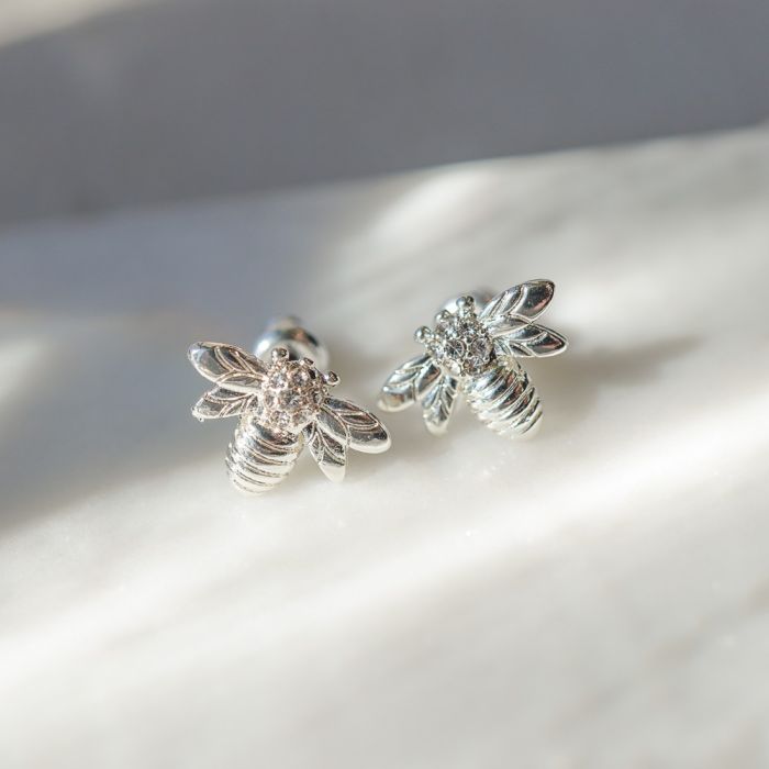Silver Stud Earrings - Bee