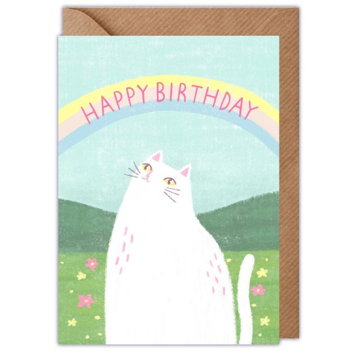 White Cat Rainbow Birthday Card