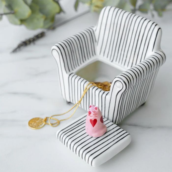 Helio Ferretti White Striped Cat Sofa Trinket Box