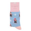Miss Sparrow Skiing Penguins Powder Blue Christmas Socks