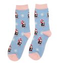 Miss Sparrow Skiing Penguins Powder Blue Christmas Socks