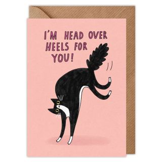 Head Over Heels Tuxedo Cat Valentines Card