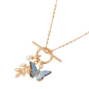 Fable England Enamel Blue Butterfly & Leaf Charm Necklace