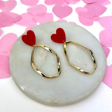 Aloe Red Heart Gold Irregular Hoop Earrings