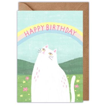 White Cat Rainbow Birthday Card
