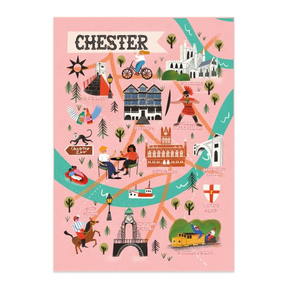 Chester Landmarks Map Pink - A3 Print