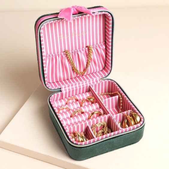 Lisa Angel Green & Pink Velvet Bow Jewellery Case
