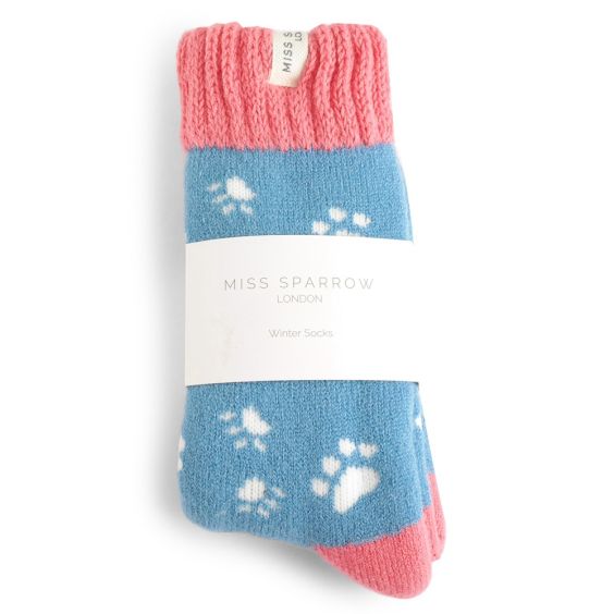 Miss Sparrow Thick Winter Socks Paw Prints Light Blue