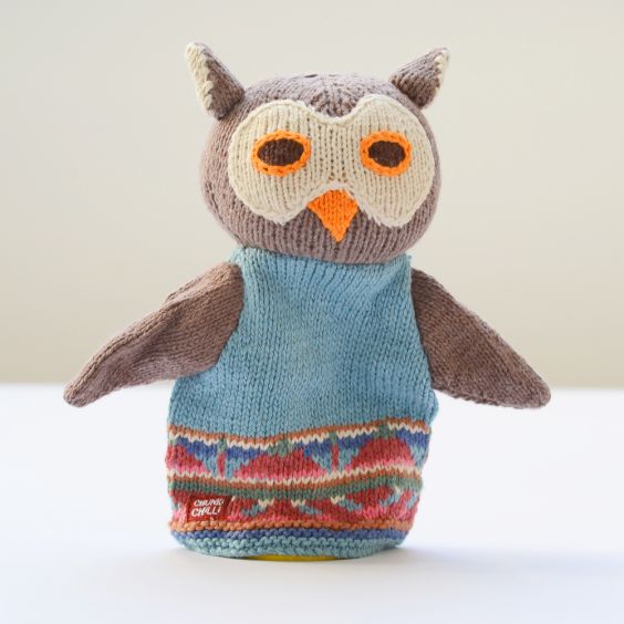ChunkiChilli Owl Blue Vest Knitted Hand Puppet