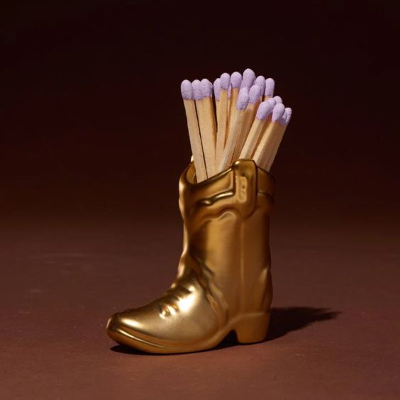 Ceramic Cowboy Boot Match Holder - Gold Metallic