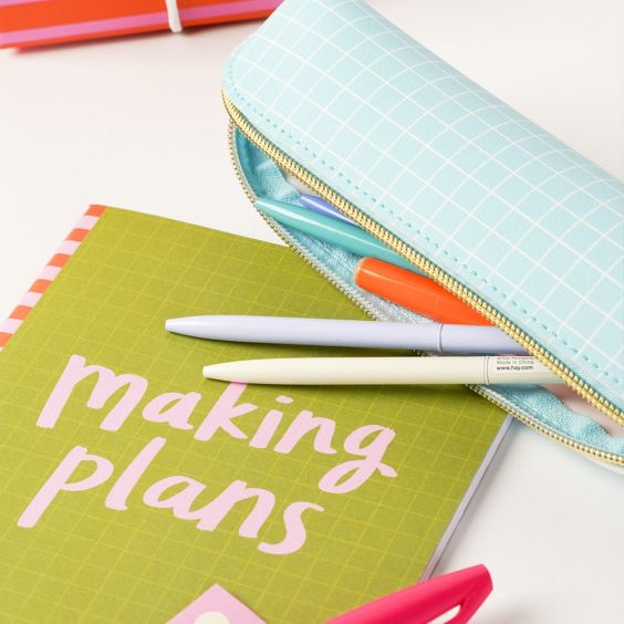 Light Blue Grid Vegan Leather Pencil Case