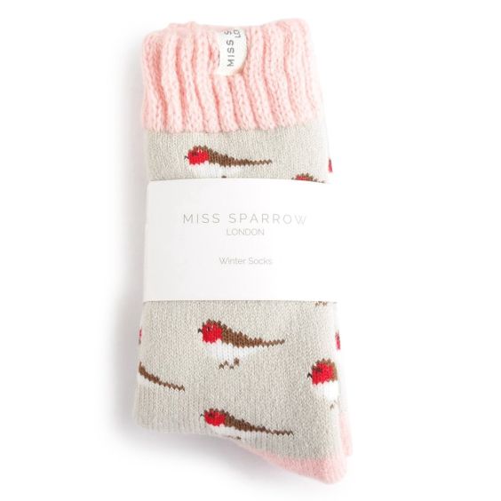 Miss Sparrow Thick Winter Socks Little Robins Silver