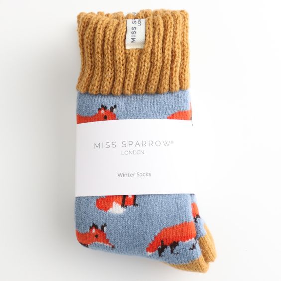 Miss Sparrow Thick Winter Socks Foxes Blue