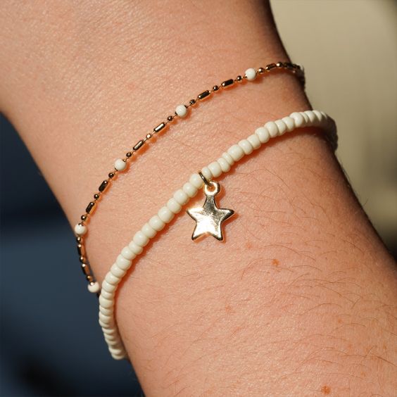 Ivory Bead & Gold Star Bracelet 2 Pack