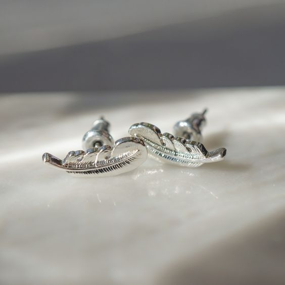 Silver Stud Earrings - Feather
