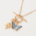 Fable England Enamel Blue Butterfly & Leaf Charm Necklace