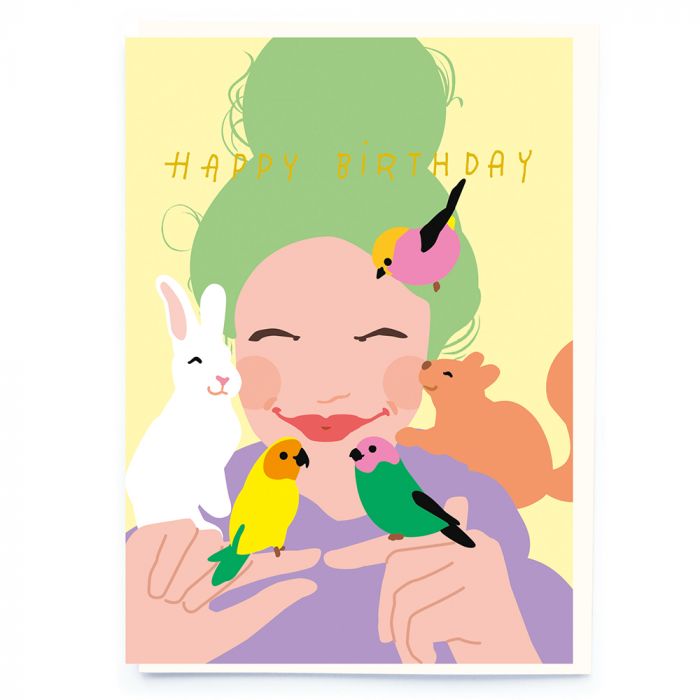 Girl and Pets Happy Birthday Card