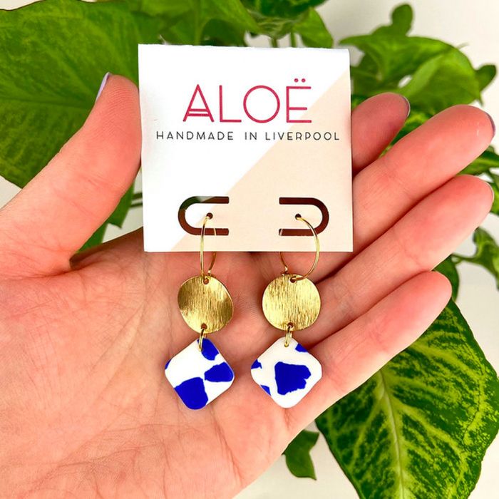 Aloë Gold Plated Blue & White Terrazzo Drop Hoops