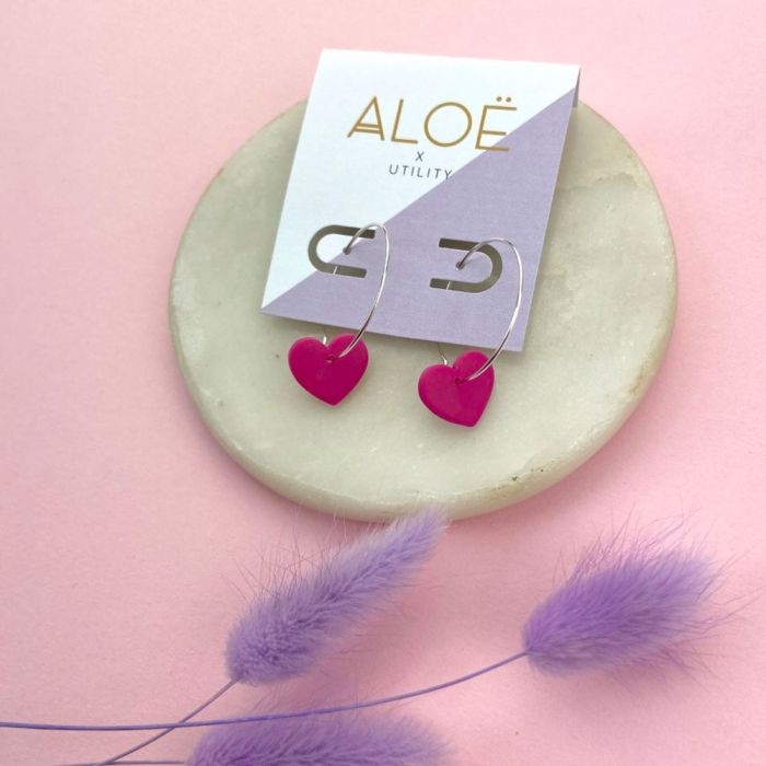Aloë X Utility Silver Plated Clay Magenta Heart Hoops