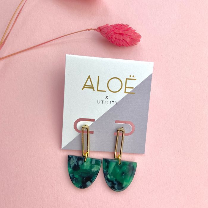 Aloë X Utility Green & Gold Half Moon Drop Studs