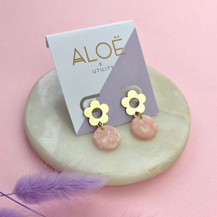 Aloë X Utility Gold Plated Pink Flower Drop Studs