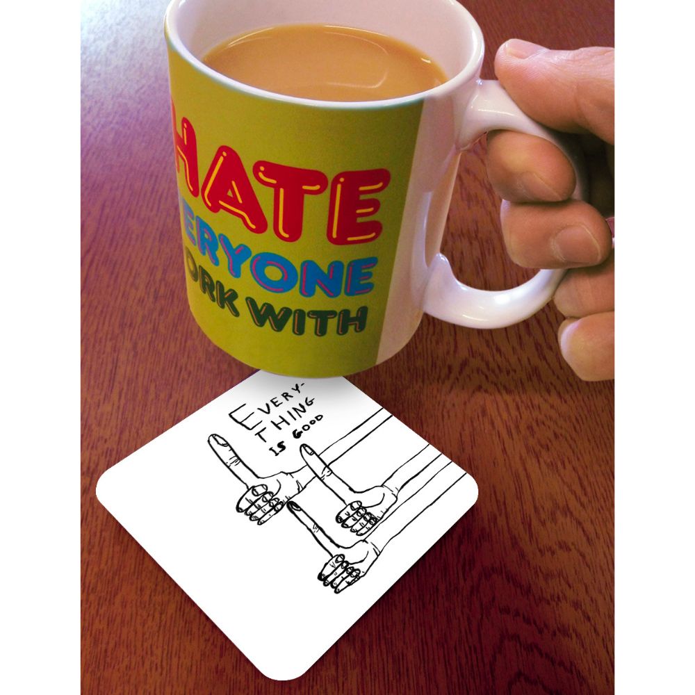 David Shrigley Sottobicchiere Umoristico – 'Everything Is Good' – Melamina Con Retro In Sughero, 10x10 Cm