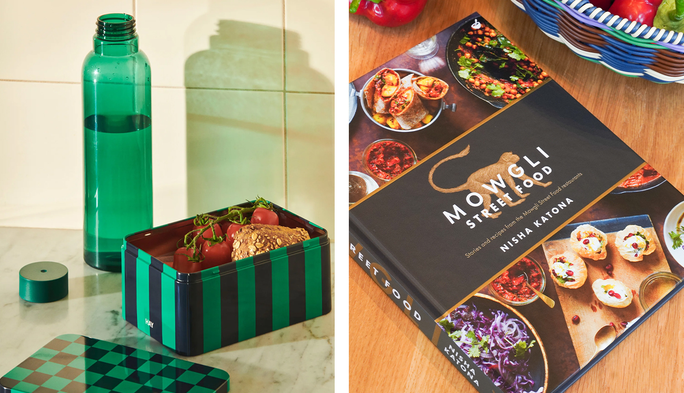 HAY Miz water bottle and tin container on the left with Mowgli Street Food cook book on the left.